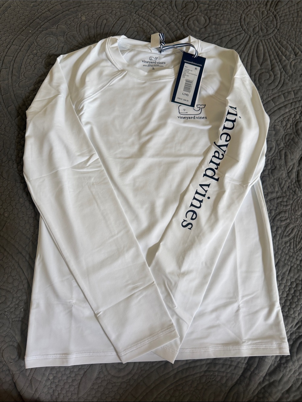 Vineyard Vines White Long-Sleeve Swim Rashguard with Navy Logo